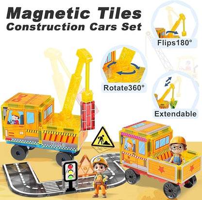 Magnetic Tiles Cars Construction Set - 19 PCS Magnetic Tiles Magnet Bricks Truck Sensory Toys, Educational Magnet Cars Set Building Blocks for 3 4 5 6 7 8+ Year Old Girls Boys Toddler Expansion Set