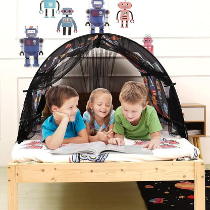 Kids Bed Tent Twin Beds -Cartoons Wonder Play Tents Boys Girls Ventilated Indoor Play Tent Children Promotes Independent Play, Stimulates Imagination Set-Up Playhouse (Robots)