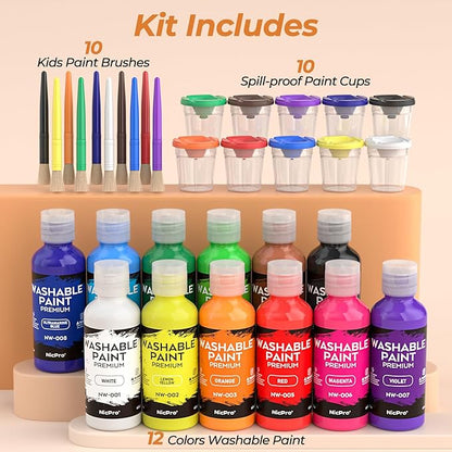 Nicpro 12Colors Washable Paint for Kids(2 oz), Finger Paint Set with Paint Cups and Toddler Paintbrushes, Non Toxic & Mess Free Kids Painting Set for Children Age 1-3 4 5 6+ Preschool Learning Gifts