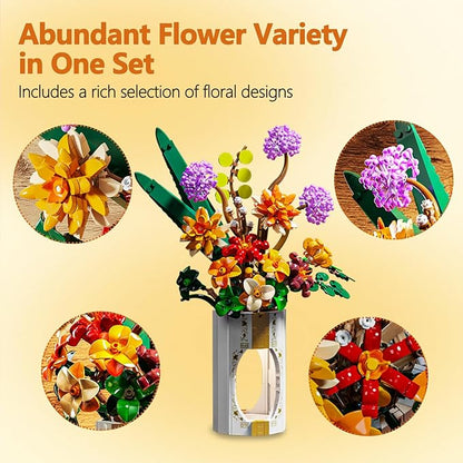 Flower Bouquet Building Set for Adults, 890 PCS Botanical Collection-Inspired Brick Floral Gift with Vase, Flower Vase Display Set for Home Decor