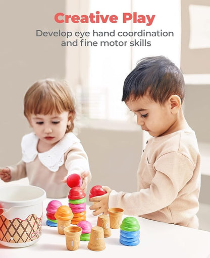 JoyCat Ice Cream Preschool Learning Activities Counting and Color Sorting Set Stacking Toys for Kids 1-5, Educational Fine Motor Skills Toys, 30PCS Math Manipulatives Learning Food Toys