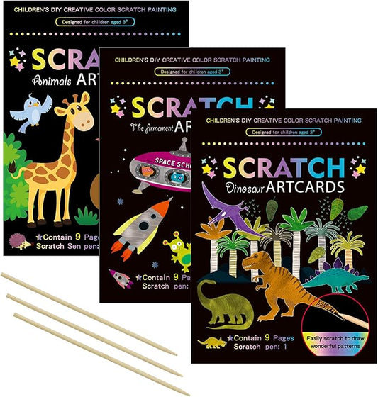 3 Set Magic Scratch Paper Art, Colorful Magic Drawing Art Book with 3 Scratch Pen for Birthday Halloween Christmas Party Games Projects Kits （Dinosaurs/Spaceman/Giraffe）