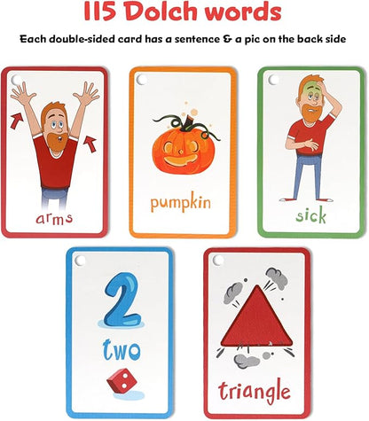 Steve and Maggie Sight Words Phonics Flash Cards - 115 Dolch Sightwords with Pictures,Literacy Learning Reading Cards Toy for Kindergarten,Home School Kids 3 4 5 Years Old