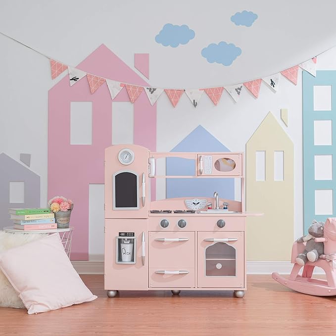 Teamson Kids Little Chef Wooden Westchester Retro Kids Play Kitchen Playset, for Toddlers Child Children Boy Girl, Pink