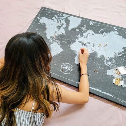 Conquest Maps World Travel Map with Pins Modern Slate Style Push Pin Travel Map Cork Board, Track Your Travels w/a Handmade Unique Canvas Pinable Map (24" x 16")
