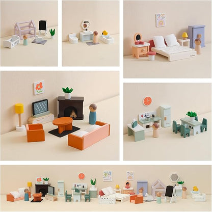 PairPear Wooden Dollhouse Furniture Set,56 Pieces Doll Furnitures with 5 Room Kits Play Fingers,Doll House Miniature Furniture Pretend Play Toys Gift for Toddler Boys and Girls 3Y+