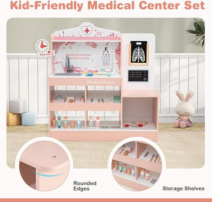 HONEY JOY Kids Wooden Doctor Play Set, 2 In 1 Checkup Medical Office Center & Vet Clinic Station, Exam Area & Interactive Accessories, X-Ray, Toddler Pretend Hospital Playset Kit for Boys Girls (Pink)