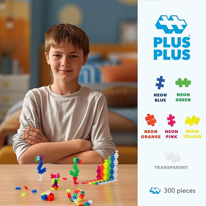 PLUS PLUS – Neon Mix - 300 Piece, Construction Building Stem/Steam Toy, Mini Puzzle Blocks for Kids