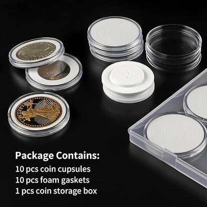 10PCS Clear Coin Capsules, Silver Dollar Coin Holder, Coin Holders for Collectors, Plastic Coin Case with Adjustable Gasket & Organizer Box for Morgan Silver Dollar | 16/20/25/27/30/33/38/46mm