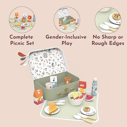 Speedy Monkey Wooden Picnic Basket Playset – FSC Certified Pretend Play Food & Fruit Toy for Toddlers & Preschoolers, Outdoor Picnic Travel Adventure, Kitchen Role Play Set for Boys & Girls