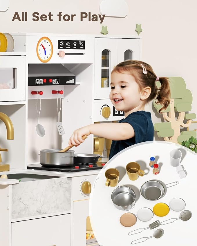 BIERUM Wooden Play Kitchen for Kids Ages 3-8 with Lights & Sounds, Pretend Play Kitchen Set with Stove, Ice Maker, Coffee Maker, Oven & Accessories, Toddler Kitchen Playset for Boys and Girls (White)
