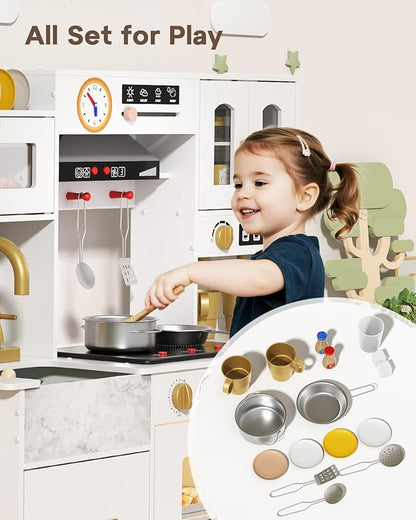 BIERUM Wooden Play Kitchen for Kids Ages 3-8 with Lights & Sounds, Pretend Play Kitchen Set with Stove, Ice Maker, Coffee Maker, Oven & Accessories, Toddler Kitchen Playset for Boys and Girls (White)