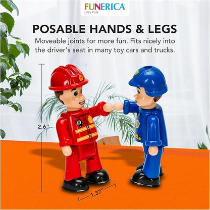 FUNERICA 12-Pcs People Figures and Toy Cars Playset - Fireman, Police, Construction Workers - Pretend Play Vehicle & Figurine Set Accessories for Kids - Emergency Rescue & Construction Toys