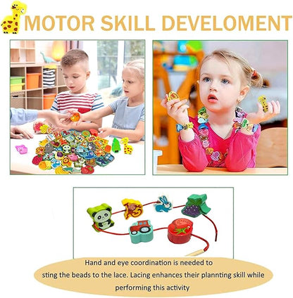 Montessori Wooden Lacing Beads for Kids,42 Pcs Preschool Activities String Car Animals Vegetables Beads Toys,Educational Threading Learning Beads Toys for Toddler 3 4 5 6 Year Old Boys Girls