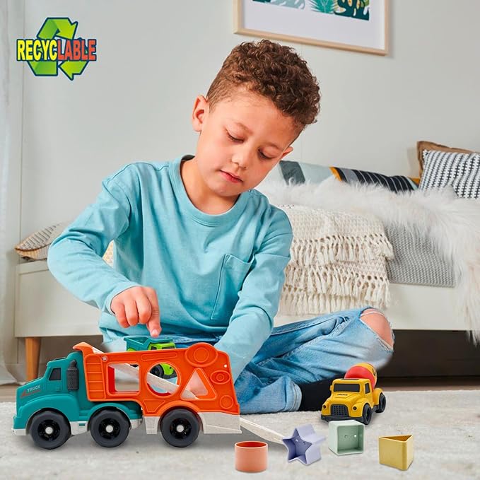 3 Pcs Toddler Car Toys for 1-3 Years Old, Construction Vehicle Toys Carrier Tuck Set Includes Dump Truck, Mixer Cement, Shape Sorter, No BPA, Phthalates, PVC, Christmas Birthday Gifts for Kids