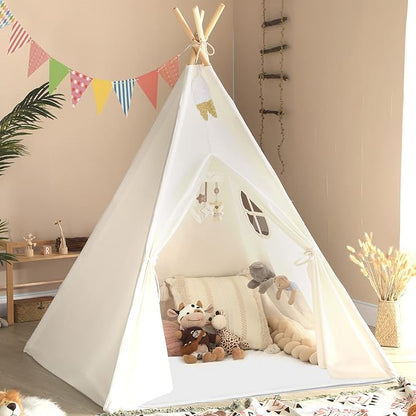 Sumbababy Kids Teepee Tent - Natural Canvas Playhouse with Fringe, Washable Fabric, Tipi Sleepover Tent, Includes Carry Bag, Lights & Colorful Flags - Perfect for Indoor & Outdoor Fun