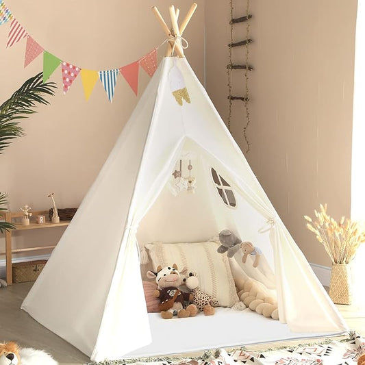 Sumbababy Kids Teepee Tent - Natural Canvas Playhouse with Fringe, Washable Fabric, Tipi Sleepover Tent, Includes Carry Bag, Lights & Colorful Flags - Perfect for Indoor & Outdoor Fun