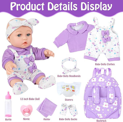 12" Baby Doll with Flower Pattern Backpack Carrier,12 Inch Realistic Baby Dolls with Clothes and Accessories Hanky Pacifier Bottle Diaper Toy Pretend Play Collection for 3+ Child Girls Gifts