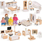 Toyssa Dollhouse Furniture Set, 36PCS Beech Wood and Plastic Miniature Doll House Accessories with Modern 5 Rooms & 4 Flexible Family Dolls, Pretend Play Toys Birthday Gift for Toddlers 3 4 5 6