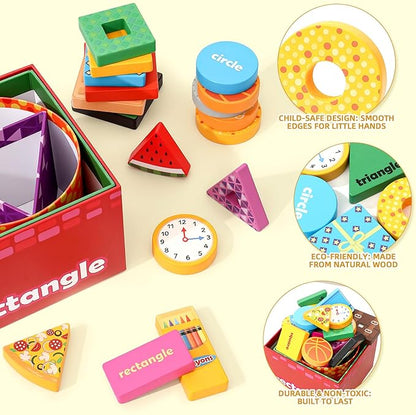 Atoylink Montessori Toys Shape Sorter for Toddlers, Wooden Stacking Blocks Nesting Boxes Baby Everyday Objects Shape Sorting Toys Matching Games, Preschool Learning Toys for 1 2 3 Year Old Boys Girls