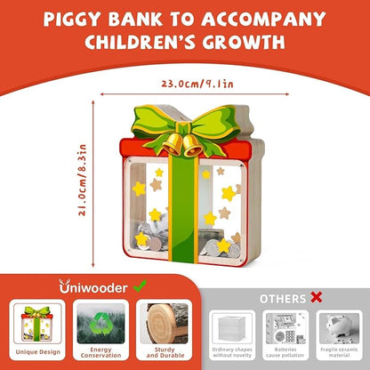 Wooden Christmas Piggy Bank for Kids, Gift Box Piggy Bank with Acrylic Panels, Unbreakable Toddler Money Box for Boys Girls, DIY Kids Safe Coin Bank with Letter Sticker