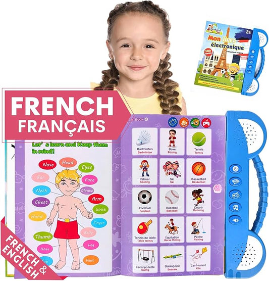ZeenKind French English Talking Learning Book for Kids 2 3 4 5 6 Years Old, Learn French Interactive Audio Sound Books for Toddlers, Francais Educational Electronic Toys, Bilingual Musical Toy