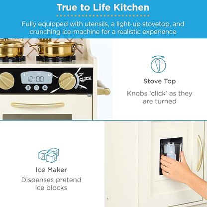 Best Choice Products Pretend Play Kitchen Wooden Toy Set for Kids w/Realistic Design, Telephone, Utensils, Oven, Microwave, Sink - Cream
