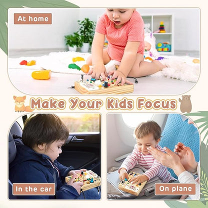 Joyreal Wooden Busy Board with LED Lights, Montessori Sensory Toys for Toddlers, Activity Fidget Board Travel Toys for Fine Motor Skills & Learning, Gifts for 1-3 Year Old Boys & Girls (Forest Theme)