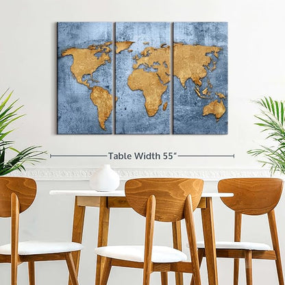 ElephantStock Azure World Map Wall Art Multi Piece Canvas - 3 Panel Wall Decor - Map of the World Art - Canvas for the Office and Home - 50" X 32"