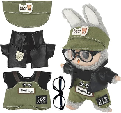 17cm Clothes Set (NO Doll) 5PC Set Hat Glasses Overalls for 17cm Accessories Suit, Doll Clothing for Trendy Blind Box，Cute Clothes for LBB Doll Dress up Unique Style,Free Combination (Olive)