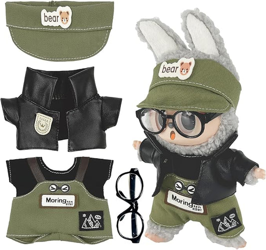 17cm Clothes Set (NO Doll) 5PC Set Hat Glasses Overalls for 17cm Accessories Suit, Doll Clothing for Trendy Blind Box，Cute Clothes for LBB Doll Dress up Unique Style,Free Combination (Olive)