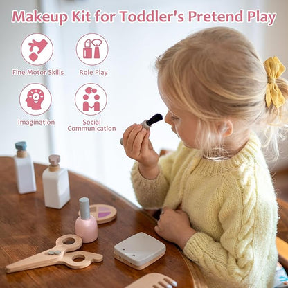 22 PCS Wooden Makeup Toy Set for Toddler Pretend Play,Wood Beauty Salon Toys Cute Wooden Makeup Kit with Realistic Accessories Gift for Girls 3 4 5 6
