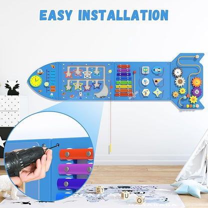 Rocket Activity Wall Busy Board Panels - Sensory Wall Panel for Kids, Montessori Toddler Wall Activity Board, Wall Toys for Toddlers 3, Activity Cube, Wall Activity Boards, Blue(4PCS)