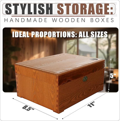 Locked Wooden keepsake box with Hinged Lid, Ash Wood Decorative Keepsake Box (11x5x8.46 in), Handmade Mortise & Tenon Joints, Durable Wood Box Storage for Jewelry & Valuables