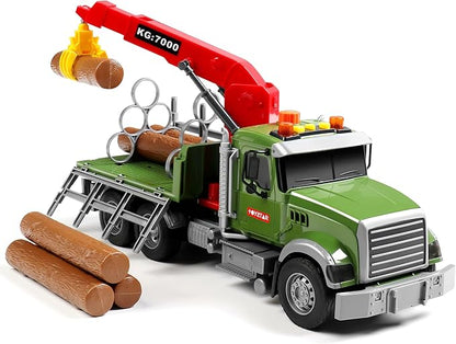 Dwi Dowellin Kids Toys for 3 4 5 6 7 Years Old Boys,15" Large Timber Truck with Loading Crane and 6 Trunks,Birthday Gifts for Boy Toddler Child