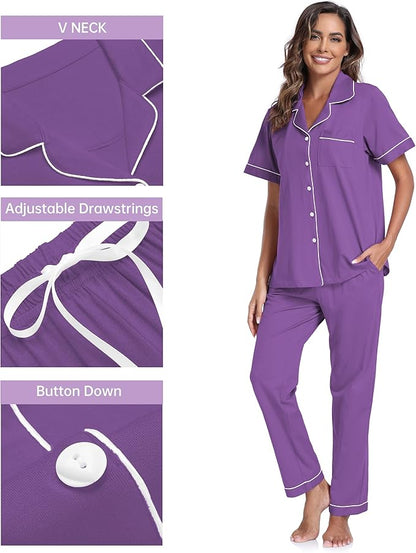 CF Womens 100% Cotton Pajamas Set Button Down Pjs Sets Short Sleeve Top & Long Pants Sleepwear Comfy Loungewear with Pockets