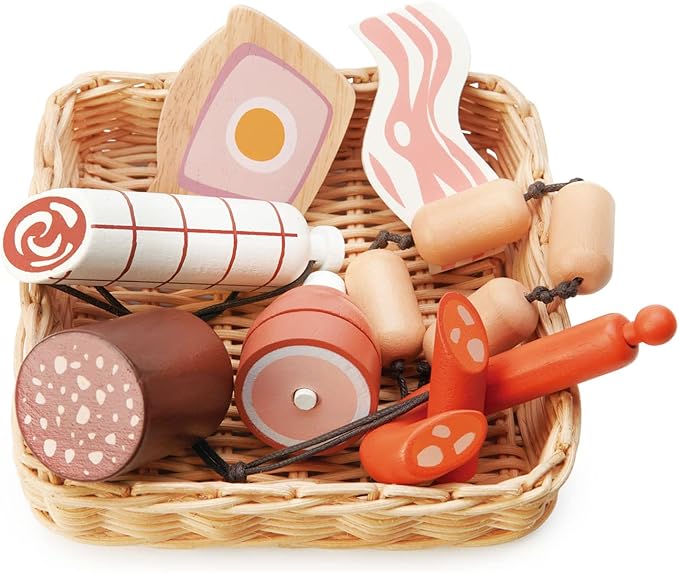 Tender Leaf Toys - Charcuterie Basket - 11 Pcs Solid Wood Cured Meats with Hand-Crafted Wicker Basket, Pretend Food Playset Supermarket Shopping Game Play Kitchen Farmer's Market Accessories - Age 3+