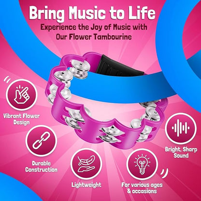 Flexzion Flower Tambourine - 8 Inch Handheld Percussion Instrument w/Metal Jingles & Ergonomic Grip - Small Tambourines for Adults, Kids, Church, Parties, & Musical Events (2 Pack - Blue & Pink)