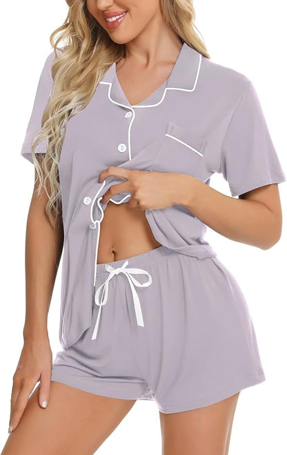 SWOMOG Womens Button Down Pajamas Set Short Sleeve Sleepwear Bride Soft Pj Lounge Sets XS-3XL