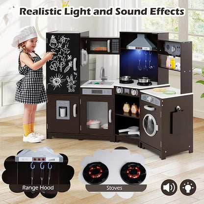 Costzon Corner Play Kitchen w/Lights, Sounds, Large Pretend Play Kitchen Set w/Blackboard, Microwave, Cooking Accessories, Wooden Montessori Sensory Toy for Kids 3+ Years Old (Espresso)