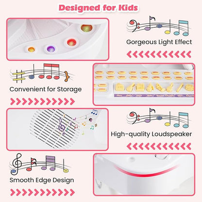 HONEY JOY Classical Kids Piano, 37-Key Toy Mini Grand Piano with Music Stand & Stool, Portable Electronic Educational Musical Instrument Toy w/ Microphone, Lights, Gift for Kids (White, 37 Keys)