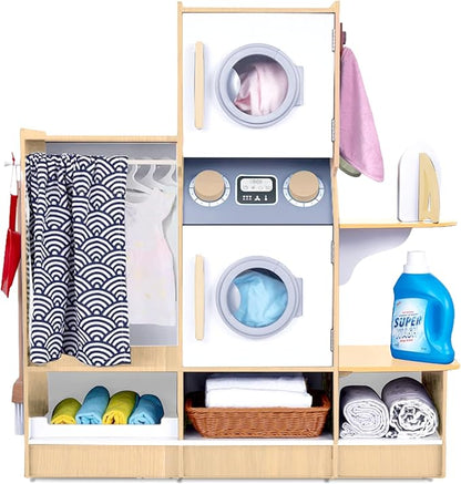 Lil’ Jumbl Kids Washer and Dryer Playset, Wooden Children's Pretend Laundry Set, Includes Broom, Dustpan, Iron, Hangers & Basket, Realistic Laundry Room for Kids - Natural