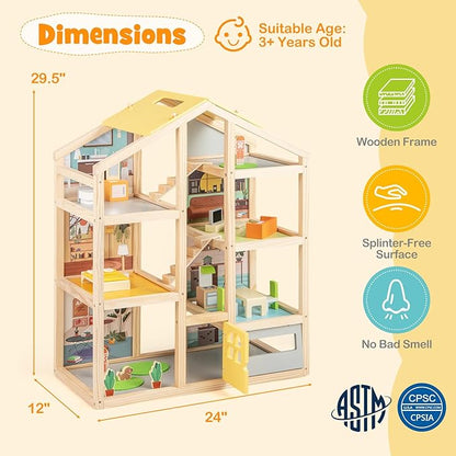 HONEY JOY Doll House, Wooden Dollhouse Playset w/7 Rooms, 21 Accessories & Miniature Furniture, Pretend Play Toys Kit, 2.46 Feet Big Doll House, Christmas Birthday Gift for Girls Boys Age 3+