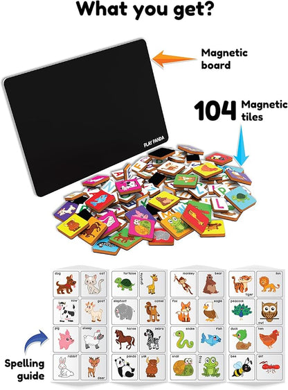 Magnetic Preschool learning Toys for Toddlers Aged 3 4 5 6 Years Old Learn to Spell Animals|104 Magnet Pieces-32 Picture & 72 Letters with Magnet Board & Spelling Game Guide|Educational Toy for Kids