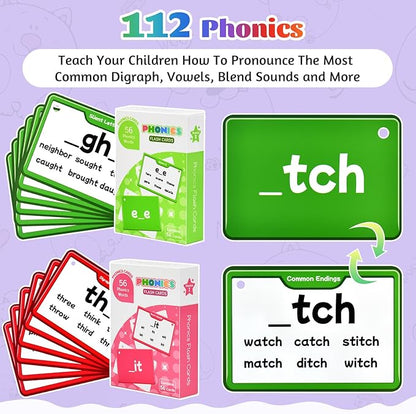 1136 Sight Words/Phonics/Math Flash Cards: 800 Dolch & Fry High Frequency Sight Words, 112 Phonic Flash Cards, 224 Double-Sided Math Flashcards for Kids Pre-K to 6th Grade-784 Cards Total