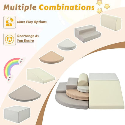 Merax 7-Piece Soft Foam Blocks, Baby Soft Climbing Toys for Toddlers 1+, Indoor Climbing Crawling Activity Play Set, Corner Soft Play Climber Set, Cappuccino