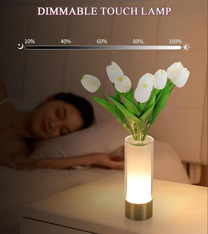 Flower Night Light,Touch Vase Lamp,Rechargeable Cordless Table Lamp,Dimming Small Mood Lighting for Dining Table/Bed Room/Bathroom/Closet,Gifts for Women/Mom, Artificial Tulips Included