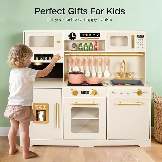 Kids Kitchen Playset, Wooden Toddler Play Kitchen Set Toys, Cooking Stove, Play Sink, Play Food, Kitchen Accessories for Baby Toddler Kids Toys, Pretend Toy Kitchen for Girls Ages 1-3