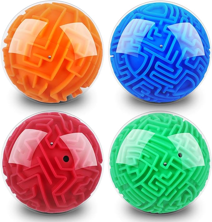 Sumind 4 Pcs 3D Puzzle Maze Ball Magic Brain Teasers Games Memory Sequential Gravity Maze Cube Ball Sphere Educational Puzzle Toys for Adult Hard Challenges(Blue, Green, Red, Orange)