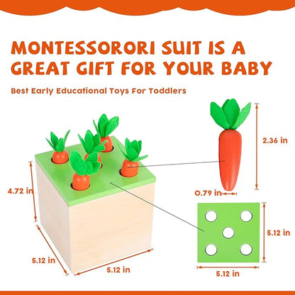Montessori Toys for 1+ Year Old Babies - 4-in-1 Play Kit Includes Carrot Harvest Game, Infant Coin Box, Fine Motor Skills Toys and Object Permanence Box